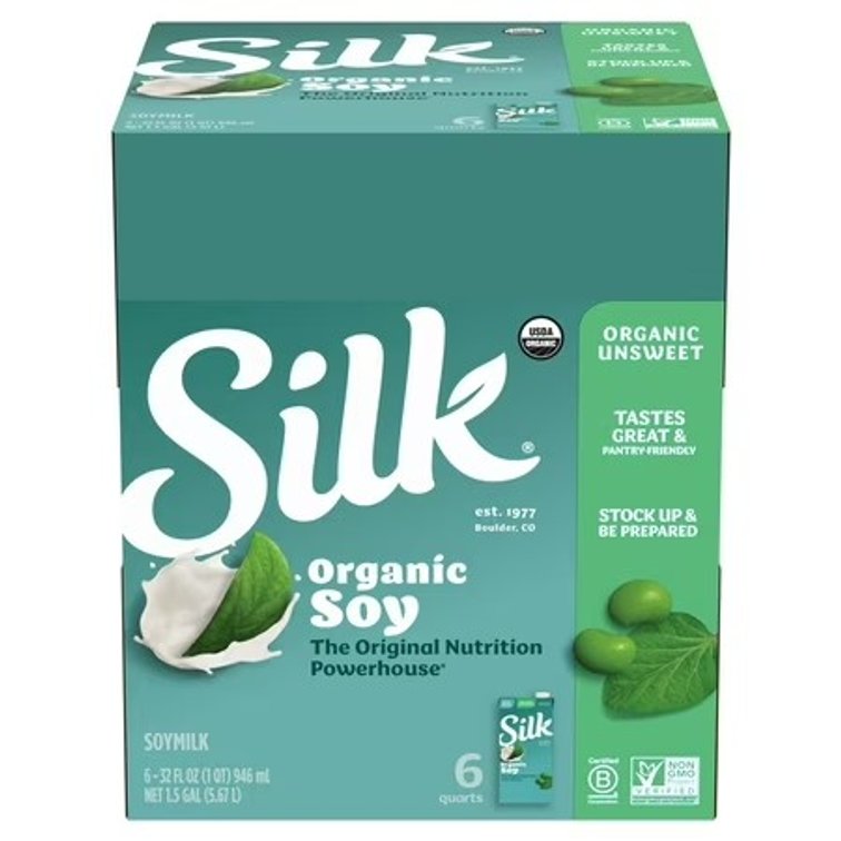 (Pack of 6) Silk Organic Shelf-Stable Unsweetened Soy Milk, 1 Quart