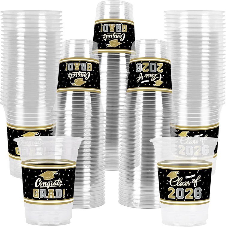 Gatherfun Graduation Decorations 2026-100 Pcs 16oz Black and Gold Graduation Plastic Cups for Grad Party | Sturdy & Durable Drinkware for Grad Festivities | Essential Grad Party Supplies & Decorations