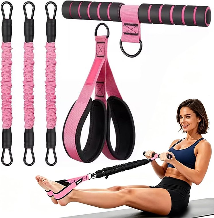 3-Tube Adjustable Pedal Resistance Band (30-90LBS) Home Workout, Pink