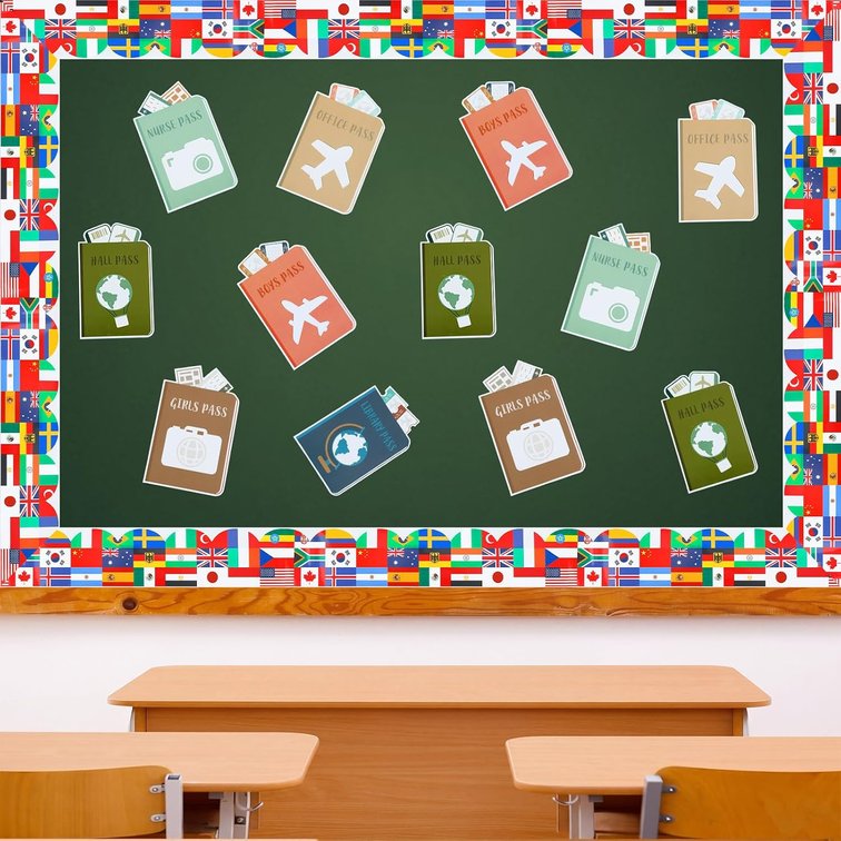 AmazingSpark Travel Bulletin Board Decoration Vintage Classroom Decor Included 18 Pcs Cutouts and 1 Country Flag Bulletin Board Borders for School Office Home Adventure Theme Party Decor