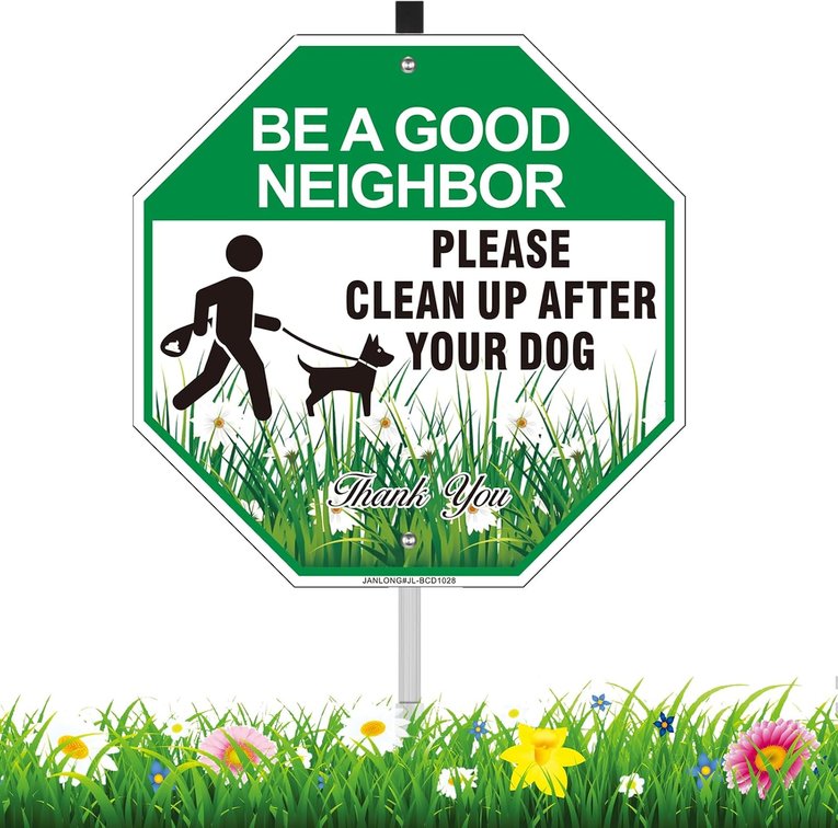 Clean Up After Your Dog Sign with Stake, 10"W x 28"H Aluminum Be A Good Neighbor, Pick Up After Your Dog Sign for Yard, No Poop Lawn Sign, Curb Your Dog Signs for Lawn- Easy to Install