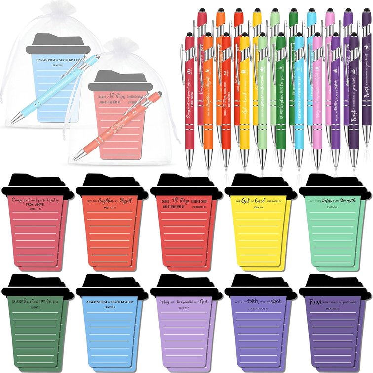 60 Pcs/ 20 Sets Christian Notepads Coffee Cup Sticky Notes with Bible Verse Ballpoint Pens Teacher Appreciation Gifts for Grandparents Day Church Pastor Employee Coworker (English,Bright)