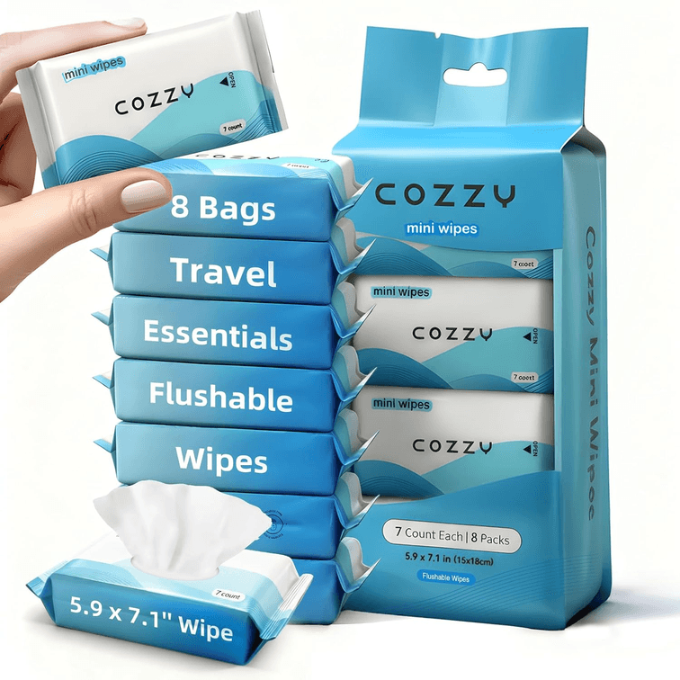 COZZY Travel Flushable Wipes - Hypoallergenic & Unscented with 99.6% Water