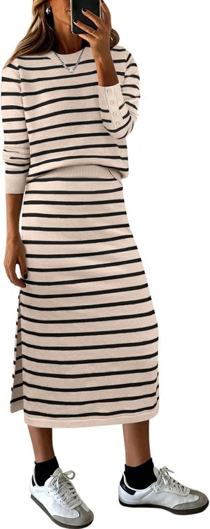 size large - Women 2 Piece Outfits Striped Sweater Skirt Sets Fall Casual Long Sleeve Pullover Top Lounge Travel Midi Dress