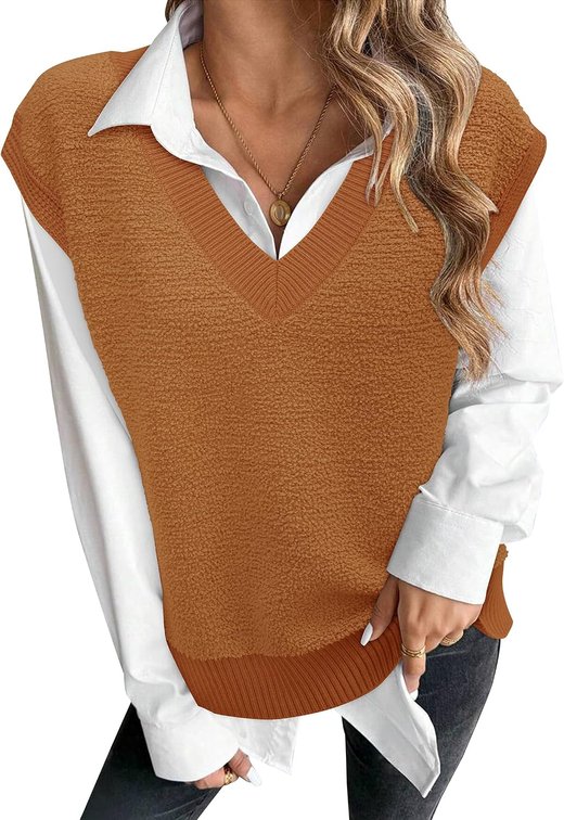 size small - Arach&Cloz Sweaters Vest Women Fall Fleece Sleeveless V Neck Loose Ribbed Knit Pullover Sweater Vest Tops for Women