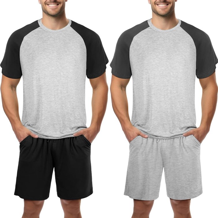 size large - 2 Sets Men's Pajamas Short Sleeve Pyjama Modal Sleepwear Shorts with Pockets Nightwear Soft Comfy Pjs Set
