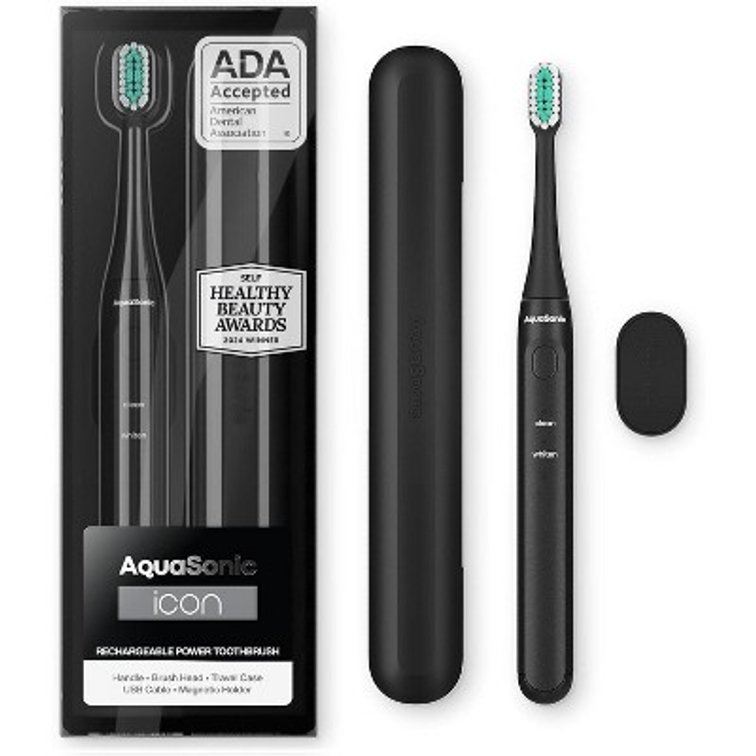 AquaSonic Icon Rechargeable Electric Toothbrush - ADA Accepted, Magnetic Holder, Slim Travel Case, 2 Brushing Modes, Timer (Black)