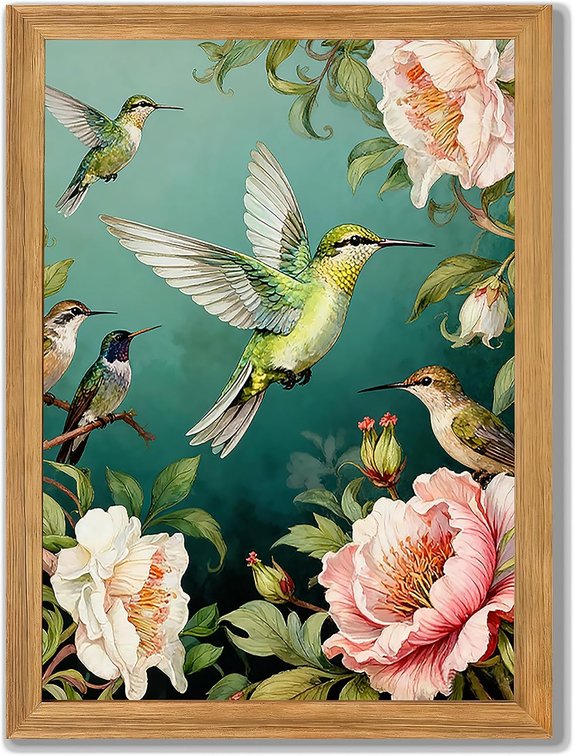 12x16 Colorful Hummingbird Wall Art Wrapped Canvas Frame Painting Green Natural Botanical Pictures Watercolor Flower Prints Modern Elegant Home Decor for Living Dinning Room Bedroom Washroom Galley