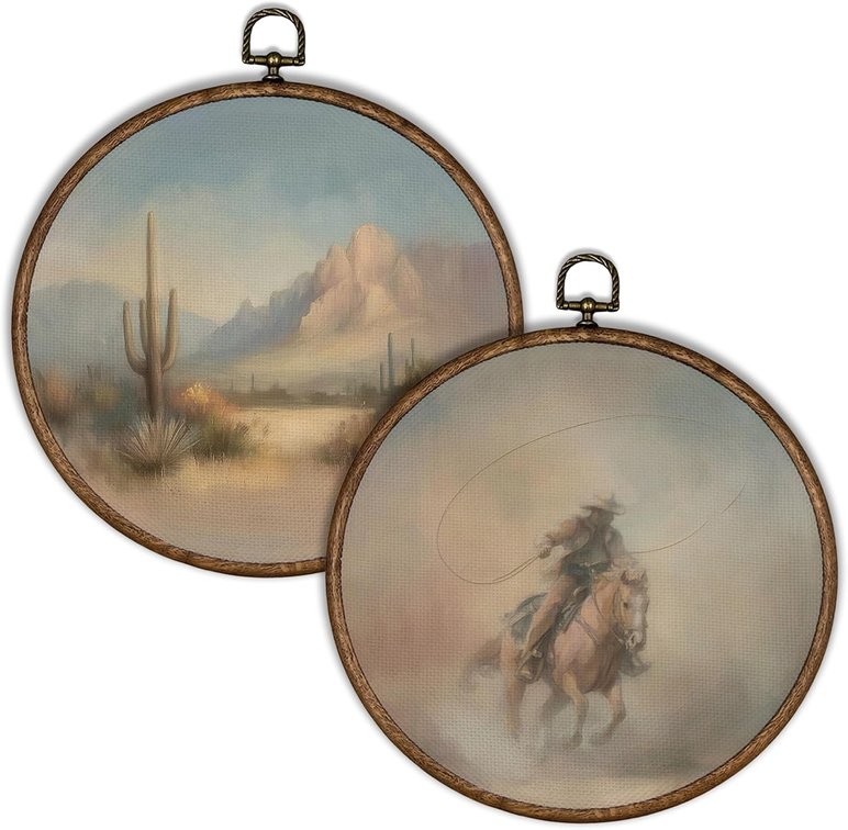 XBBMGG Western Cowboy Wall Art, Vintage Southwestern Desert Cactus Round Wall Hanging Decor, Farmhouse Country Framed Canvas Prints for Home Living Room Bedroom Decorations, 10x10inch Set of 2
