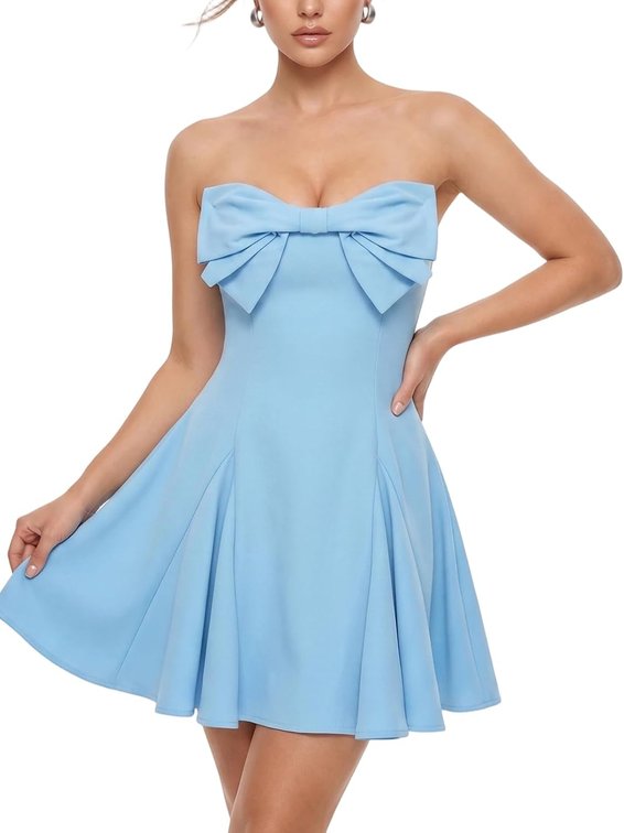 DRESS IS BLACK NOT BLUE SIZE MEDIUM - Women's Strapless Bowknot Mini Dress   Sexy Elegant Solid Color Fit & Flare Bandeau Cocktail Party Dress