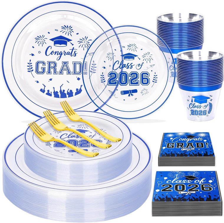 150 Pcs 2026 Graduation Plastic Plates with Disposable Silverware Serves 30 Guests, Blue Clear Graduation Disposable Plates Including 30 Dinner&Dessert Plates, Cups, Napkins, Gold Forks for Party