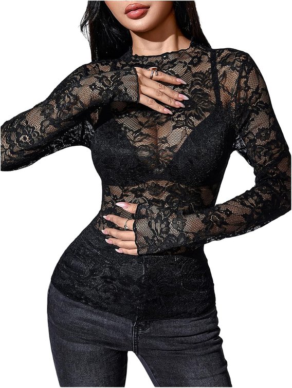 size large - RoseSeek Women's Lace See Through Blouses Mock Neck Long Sleeve Party Shirts Slim Fit Dressy Tops