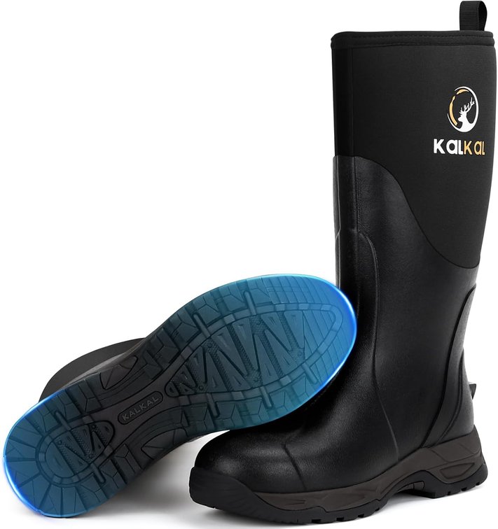 size 7 - Kalkal Rain Boots Men, Waterproof Rubber Boots for Men, Durable Neoprene Work Boots for Gardening Hunting and Fishing