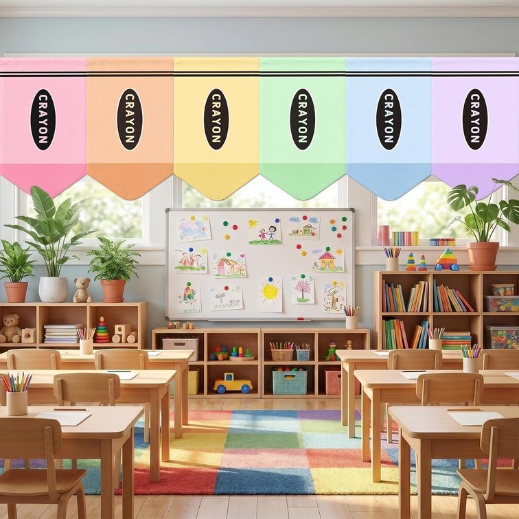 Irenare 6 Pcs School Classroom Curtains Back to Classroom Pastel Crayon Curtains 36" x 24" Pastel Colorful Decor for Kindergarten Preschool Daycare Primary School Bedroom Playroom Kid Room