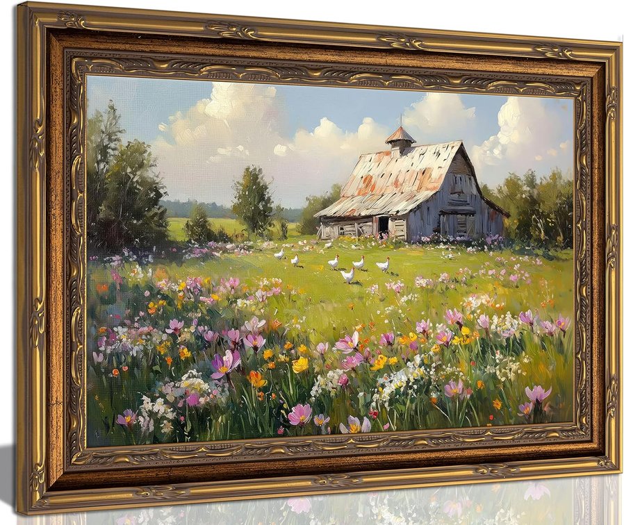 Vintage Gold Framed Landscape Rustic Wall Art Farmhouse Cottage Rural View Picture Wall Decor Village Spring Wildflower Scene Poster Print Artwork for Bedroom Living Room Kitchen Home Decoration