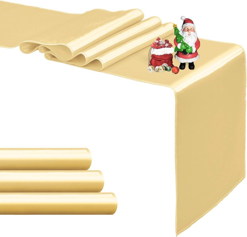4-Pack Light Gold Satin Table Runner 12 x 108 Inch Long Bright and Smooth Silk Fabric Table Runner for Wedding Banquet Birthday Party Decoration