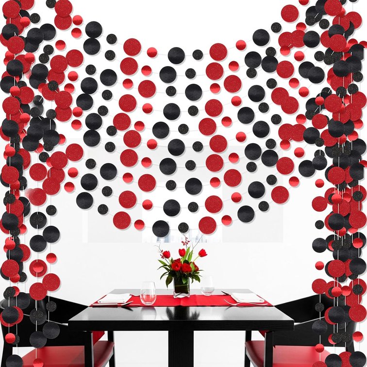 Outus 10 Pieces Black,Red Round Dots Garland Party Hanging Decor