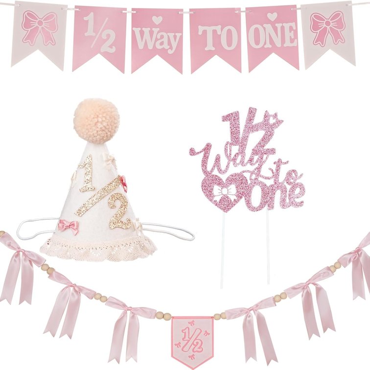 Bow 1/2 Birthday Girl-Boho Half Birthday Hat Crown,Pink one Banner For High Chair, Glitters Birth Cake Topper For 6 Months Baby,Half Way To One Birthday Decorations Gifts