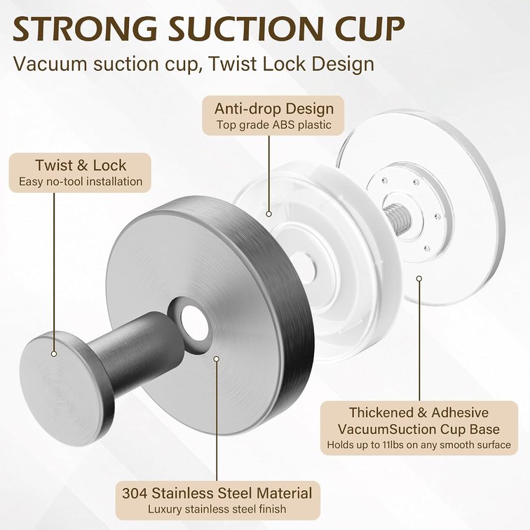 Ninth Five Suction Cup Hooks for Shower, Bathroom Wall Hooks for Towels Silver