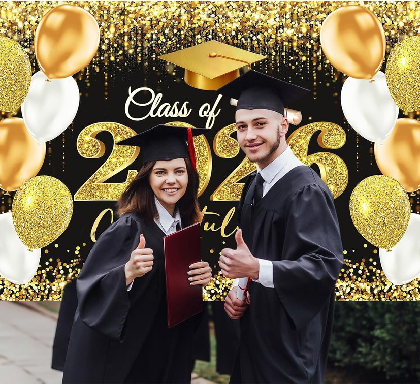 Gold Black Graduation Backdrop Decorations 2026 7x5ft Class of 2026 Congratulations Banner Congrats Grad Graduate Backdrop Banner for 2026 Graduation Party Decorations Background (84x60inch) 7x5Ft gold glitter black