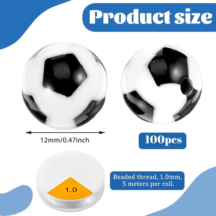100 PCS Soccer Beads for Bracelets Bead Soccers Charms, Acrylic Soccer Beads for Bracelets, Lanyard, Keychains, Necklace Jewelry Making Crafts Round 12mm
