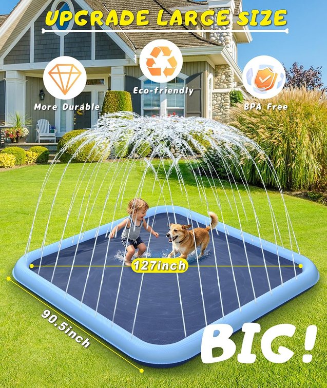 EPN Splash Pad for Dogs & Kids, Extra Large Sprinkler Mat, 127 x 90.5 Inch