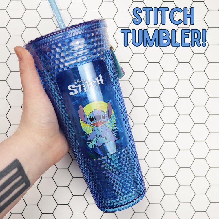 Lilo and Stitch Candy Tumbler 24 Ounce Reusable Cup with Lid and Straw, 5 Lollipops and 8 Sticks Inside, Individually Wrapped Pieces