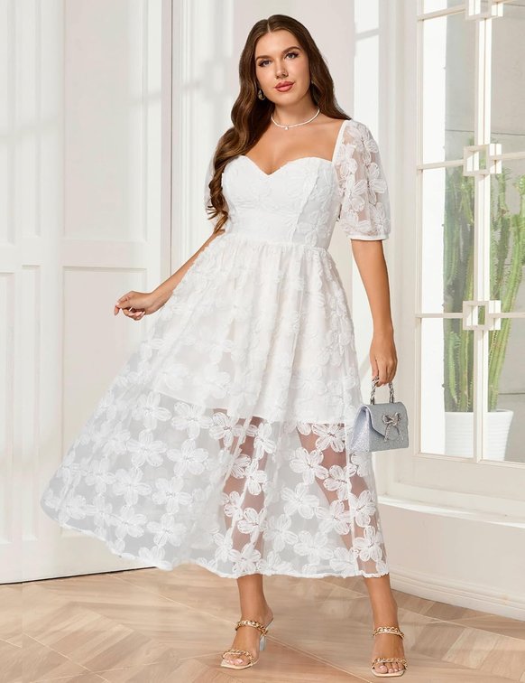 size medium - EYWOL Formal Wedding Guest Cocktail Party Floral Embroidered Dress M-3XL Medium White