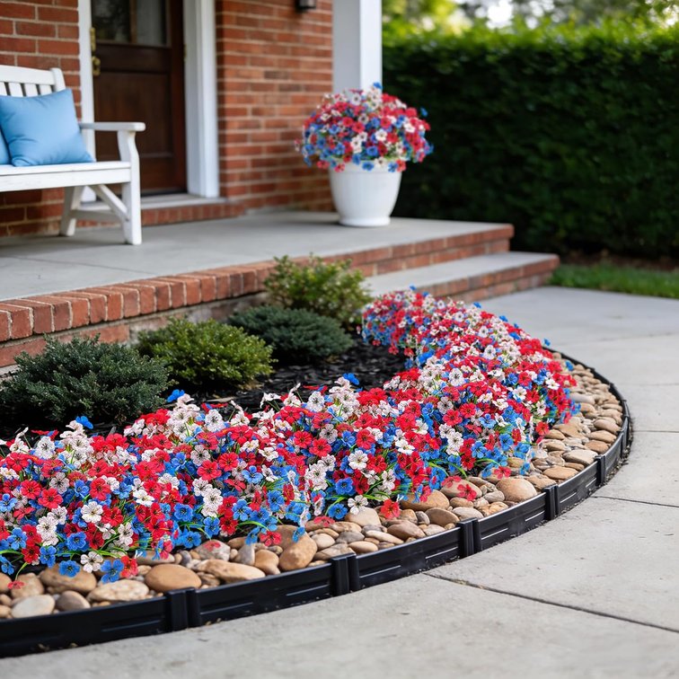 Ammyoo 16 Pcs Artificial Fake Flowers for Outdoor Spring Decoration, Faux Flowers No Fade UV Resistant Silk Flower Plants for Outside Garden Yard Porch Patio Balcony Indoor Decor(Blue White Red)