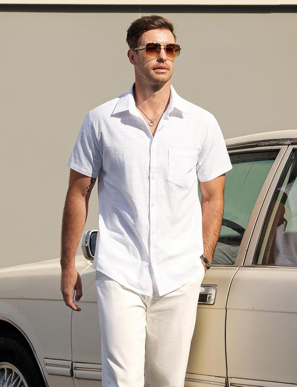 size xxl - AOTIK Mens Cotton Linen Textured Shirt Button Down Short Sleeve Shirt Small White