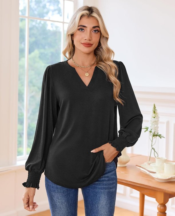 size 2xl - Uhiger Womens Tunic Tops Long Sleeve Blouses for Women Dressy Casual V Neck Tops Shirts Trendy with Smocked Cuffs Large Black