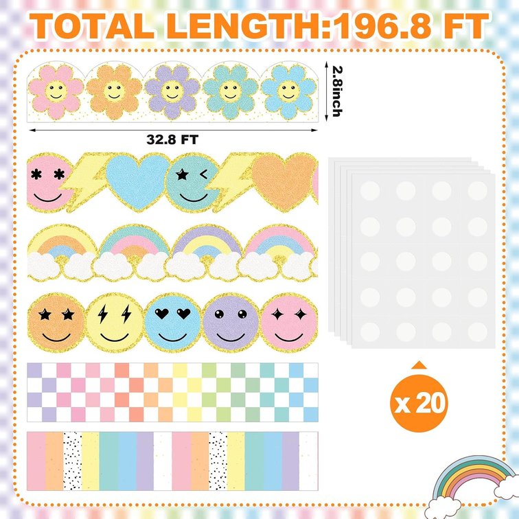 Fuutreo 6 Roll Boho Smile Face Bulletin Board Borders Trim for Classroom Decoration 196.8ft Pastel Happy Face Rainbow Daisy Flower Stripes Border Glitter Checkerboard Trim Roll for School Chalkboard