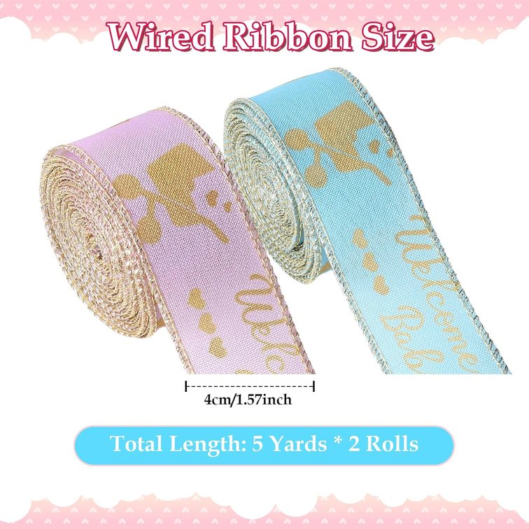 Welcome Baby Blue and Pink Wired Ribbon 1.5 Inch Baby Shower Ribbon 2 Rolls 10 Yards Gender Reveal Ribbons for Gift Wrapping DIY Crafts Party Supplies Diaper Cake Home Decor Wreath Bow Making Pink+Blue Weclome Baby