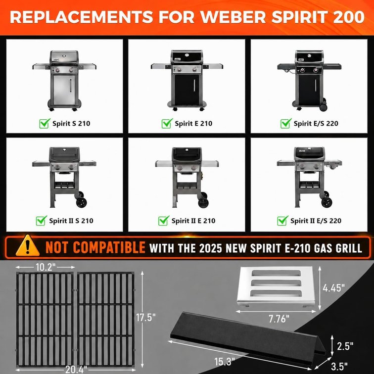 7637 7635 Grill Replacements Parts for Weber Spirit 200, GS4 Spirit II E210 Cast Iron 7637 7635 67060
