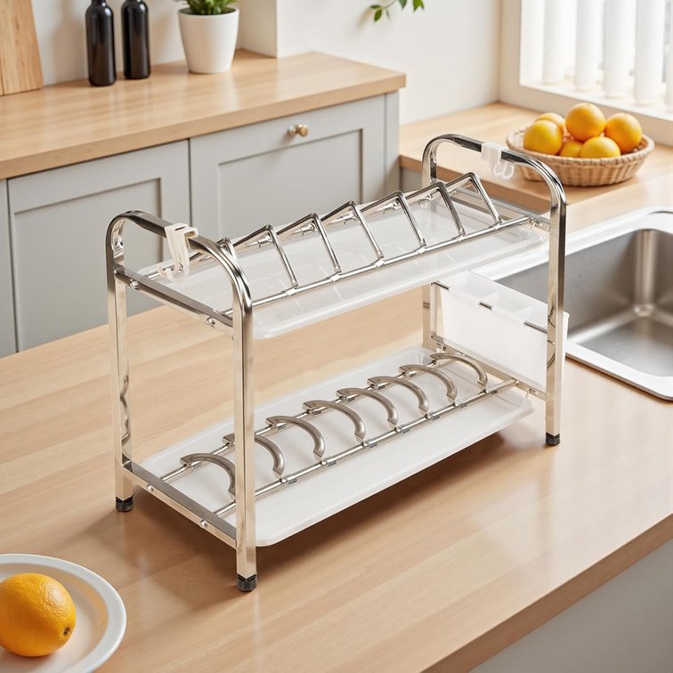 Dish Drying Racks,2 Titers Stainless Steel Dish Racks for Narrow Kitchen Counter,Dishwashing Rack with Adjustable Bowl and Plate Clips for Small RVs,17.9'D x 7.24'W x 14.96'H