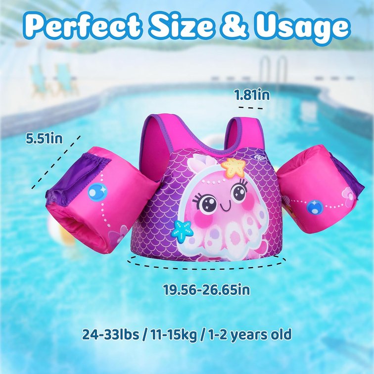AEOCOO Puddle Float Jumper 20-30 Pounds, Toddler Swim Vest for 18Months-2Years Old, Pool Floats with Swimming Arm Floaties Swim Jacket with Water Wings for Kids Swimmies, Boys, Girls, Ni os, Seajelly