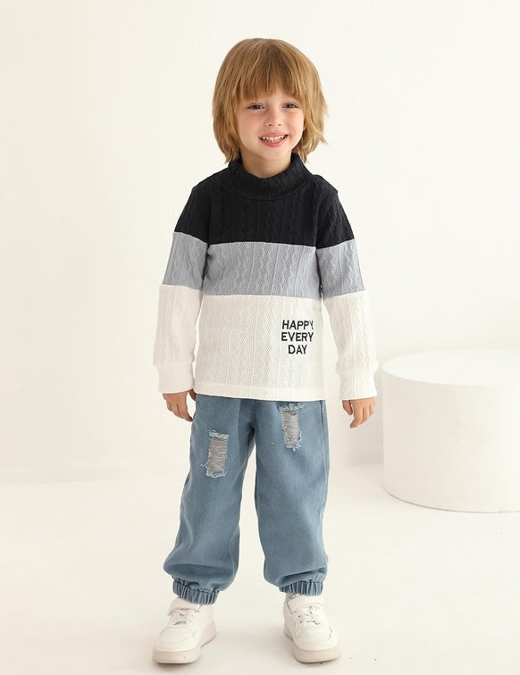 size 6-7 y - mksodopy Boy Clothes Color Block Sweater Jeans Boys Outifts Set Blue 6-7 Years