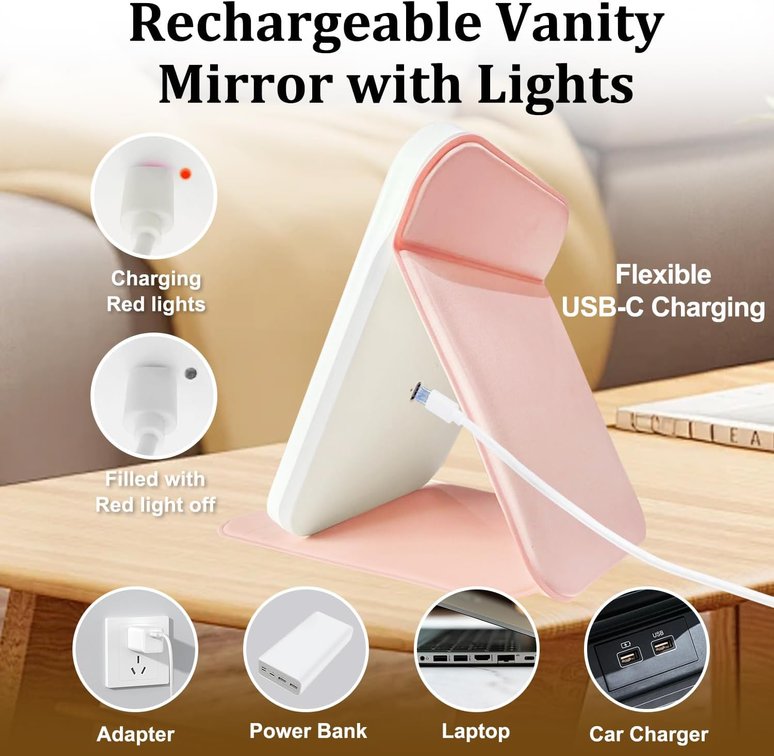 Rechargeable Travel Mirror with Light, LED Makeup Mirror with Lights, Portable Vanity Mirror with 3 Color Lighting, Touch Dimmable Lighted Cosmetic Mirror, Travel Essentials for Women (Pink)