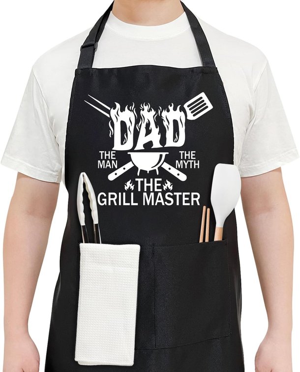 Black Funny BBQ Chefs Aprons for Men Husband Dad PaPa Father's Day Birthday Valentine's Day Anniversary Grilling Gifts for Men Adjustable Apron with 2 Pockets The Man The Myth The Grill Master - FS761