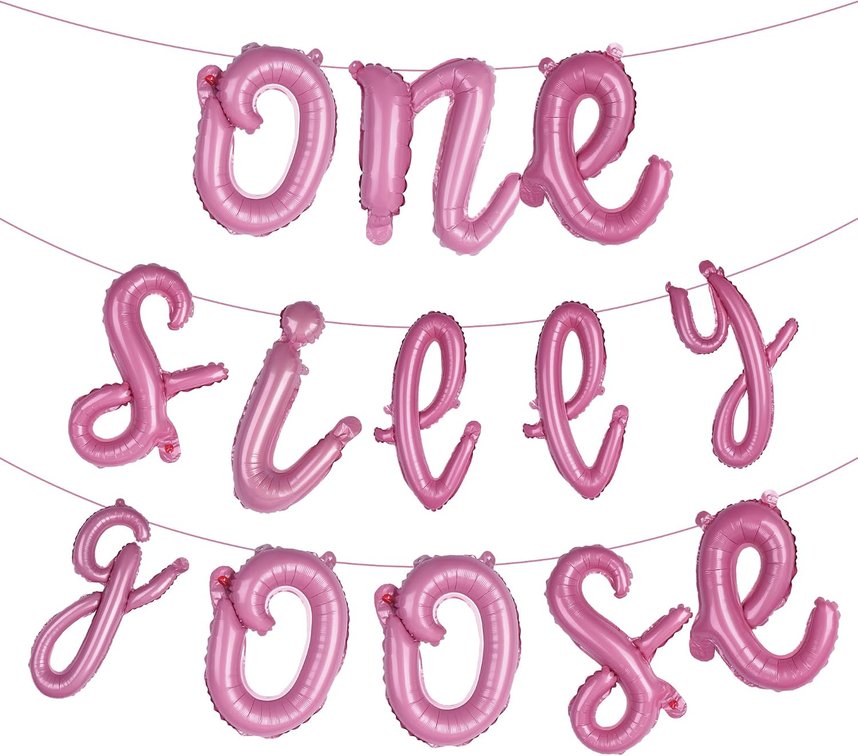 SET OF 2 One Silly Goose Birthday Decorations - 13 Pcs Funny Pink Foil Letter Balloons Set for Kids Girls 1st Birthday Baby Shower Party Balloon Decor Supplies