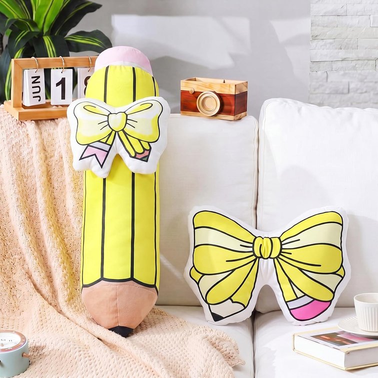 Peryiter 2 Pcs Pencil Bow Throw Pillows, 20' Plush Pillow, Classroom Decor