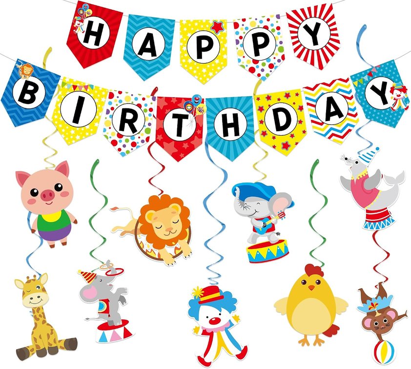 SET OF 2 Circus Carnival Birthday Party Decorations Cartoon Circus Clown Party Supplies with Happy Birthday Banner Clown Animals Hanging Swirls for Carnival Themed Kids Birthday Party Wall Decor Baby Shower