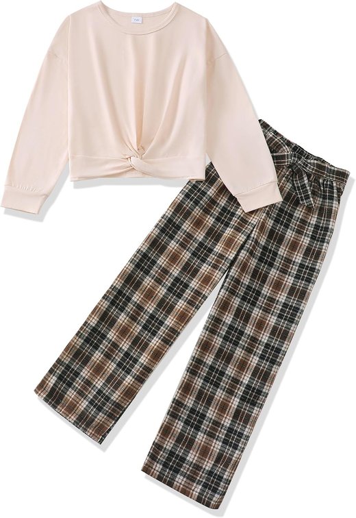 Size 13/14yr Girls Clothes Fashion Twist Front Pullover Top Plaid Pants Girls Clothing Sets Winter Fall Outfits for Girl Size 7-14