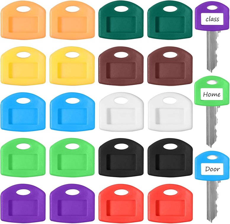 20 Pcs Colored Key Covers Cap Tag, 1 Inch Plastic Key Color Identifiers, Keys Coding Rings in 10 Assorted Colors for Standard Flat House Keys House Classification Organization