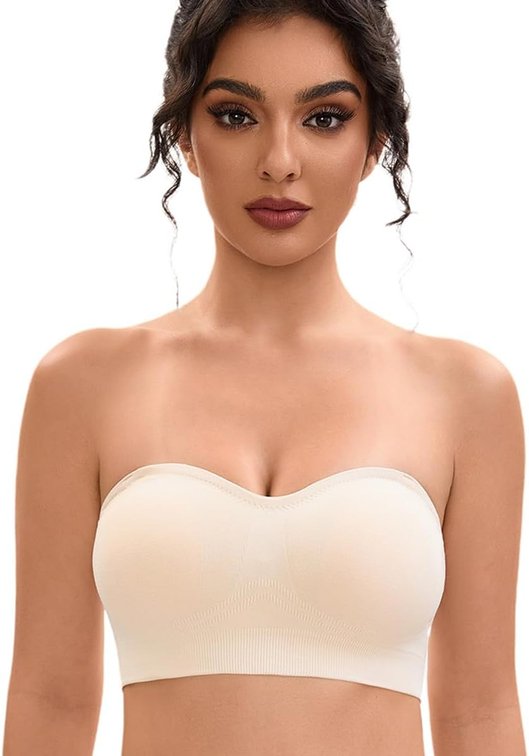 Size Large Strapless Bras for Women-Push-Up Non-Slip Bandeau Bra,Seamless Wirefree Padded Tube Top Convertible Straps Bralette Beige