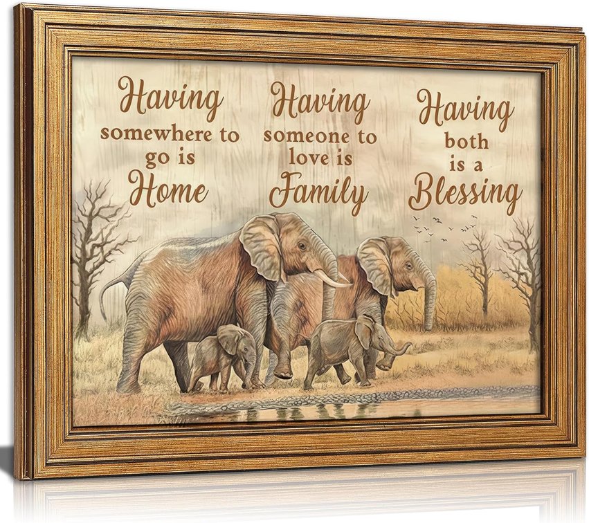 Vintage Gold Framed Family Wall Art, Elephant Family Love Painting Canvas Prints, Inspirational Quote Picture Wall Decor, Rustic Farmhouse Poster Artwork for Living Room Bedroom Dining Room 12x16 in
