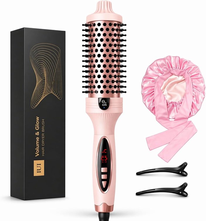 IUIBeauty Thermal Brush, Heated Round Brush with 5 Heat Settings & LED Display, 1.5 inch Negative Ion Thermal Brush Long Hair Blowout Curling Iron, Dual Voltage Pink,volumizing Brush