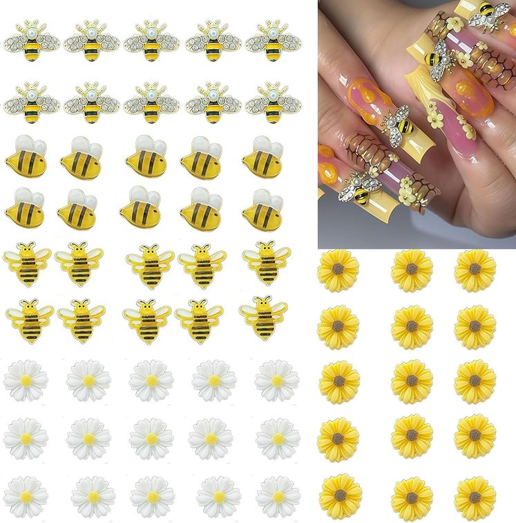 COOSLIM Tiny Bee Nail Art Charms Resin Cartoon Daisy Flower Nail Gems 3D Gold Alloy Bees Jewelry Charms for Nails, Spring Summer Daisy Sunflower Nail Rhinestones for Women DIY Nail Decoration 60Pcs 1
