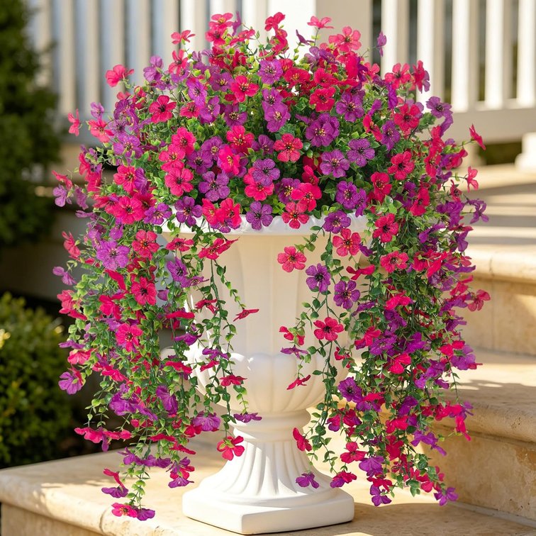 Fake Artificial Hanging Flowers for Outdoor Spring Decor 2PCS Faux Silk Flowers Plants for Outdoor Outside Planter UV Resistant Daisy for Porch Front Door Patio Balcony Yard Decor