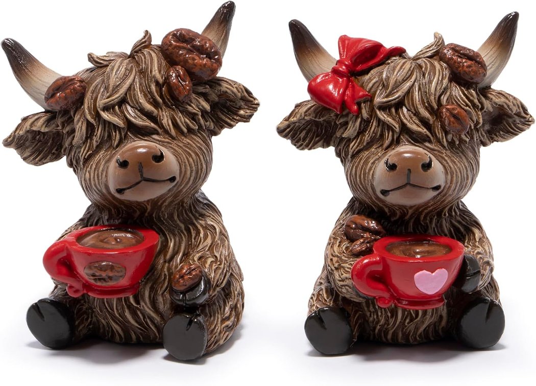 Hodao Christmas Highland Cow Coffee Resin Figurines,Xmas Farmhouse Decor for Tiered Tray, Tabletop, Mantel, Gift for Xmas Home Decoration